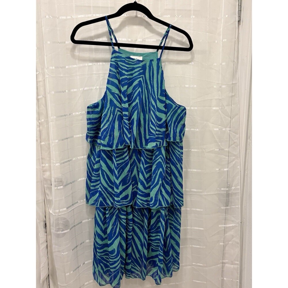 Lili Sidonio Blue Green Zebra Print Tiered Dress | Spaghetti Strap‎ | Size M